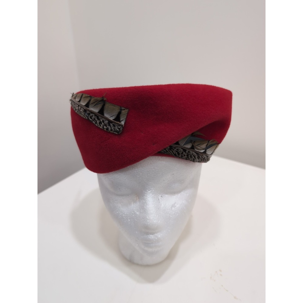 Vintage Evelyn Varon Exclusive Red Pill Box Hat With Feather Accents